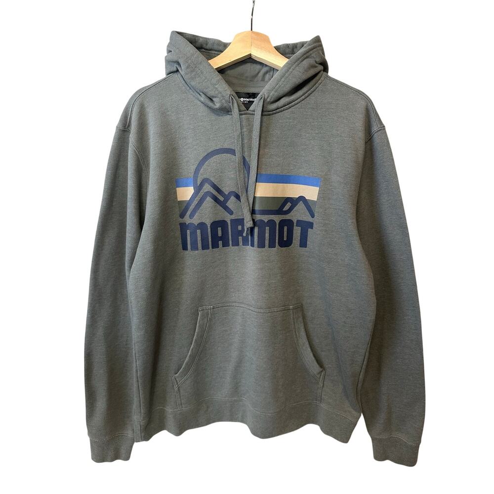 Marmot Hoodie Sweatshirt Grey Graphic Logo Men's Size Large